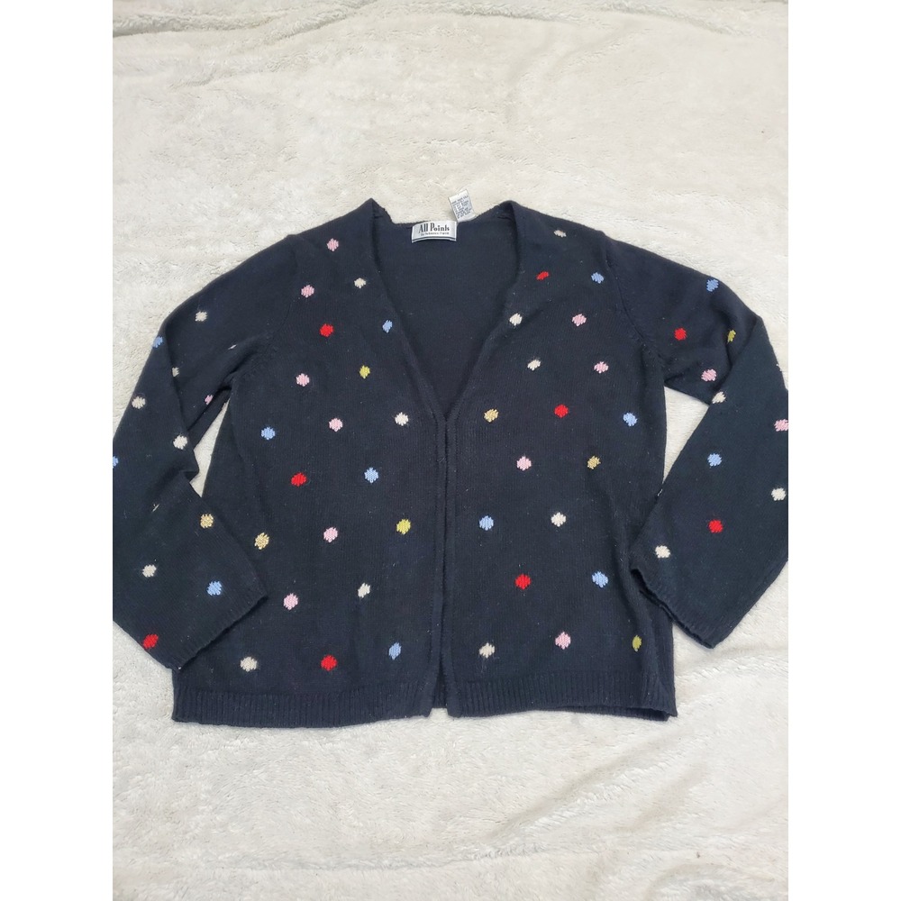 Vintage Black Knit Colorful‎ Polka Dot Embroidered Silk Angora Cardigan Medium